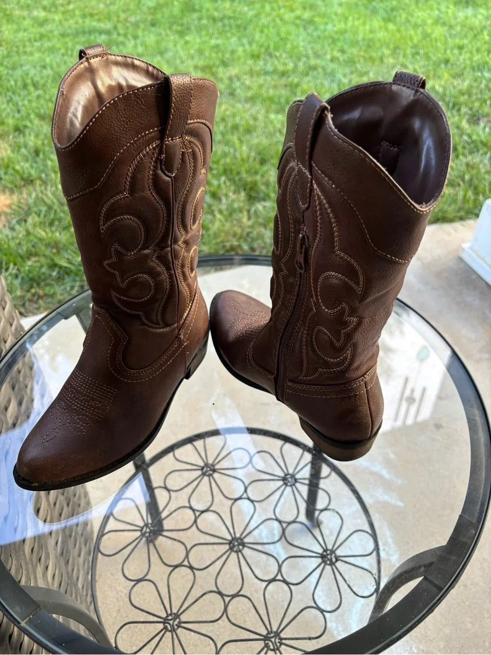 Cat & Jack Girls Western Cowboy Boots Brown Embroidered Side Zip Size 2